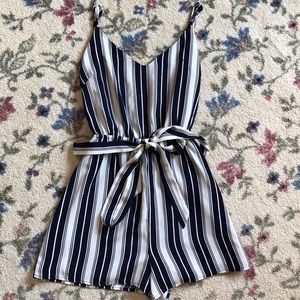 White and navy striped romper
